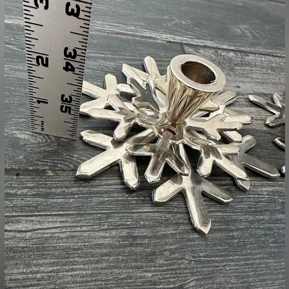 Crate & Barrel Pair of Shiny Snowflake Taper Holders
